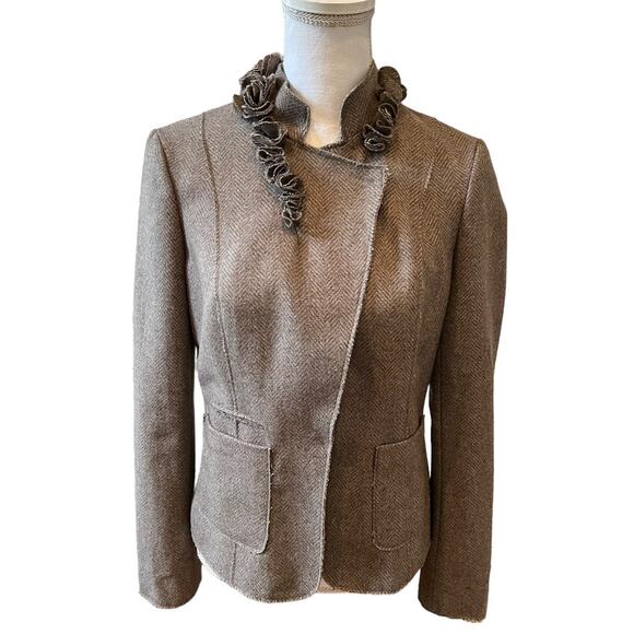 Banana Republic Tailored Taupe Herringbone Ruffle Wool Blazer 6 - Picture 1 of 9
